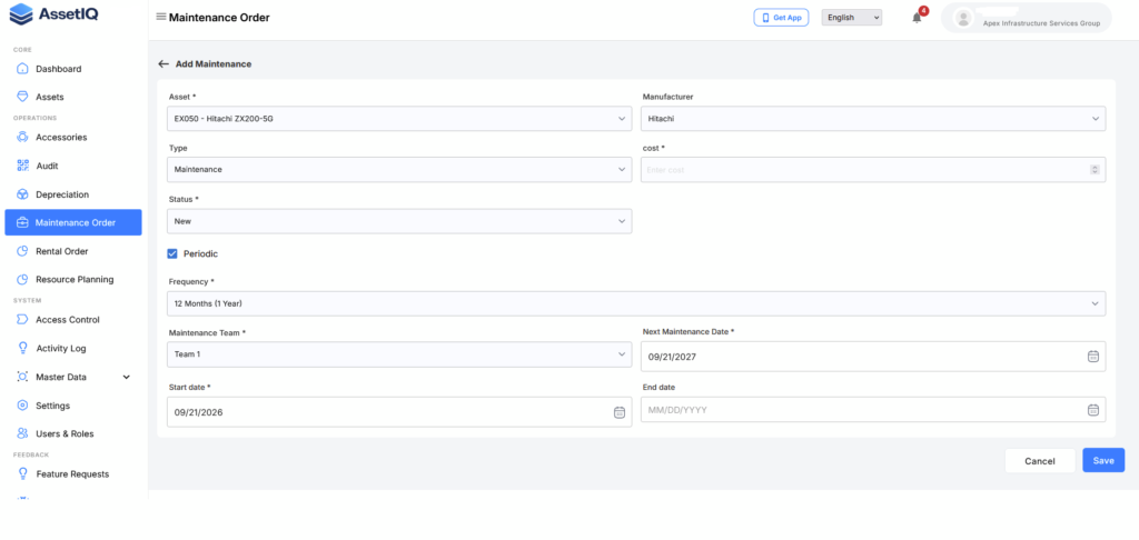 Create a work order in AssetIQ using the maintenance work-order form
