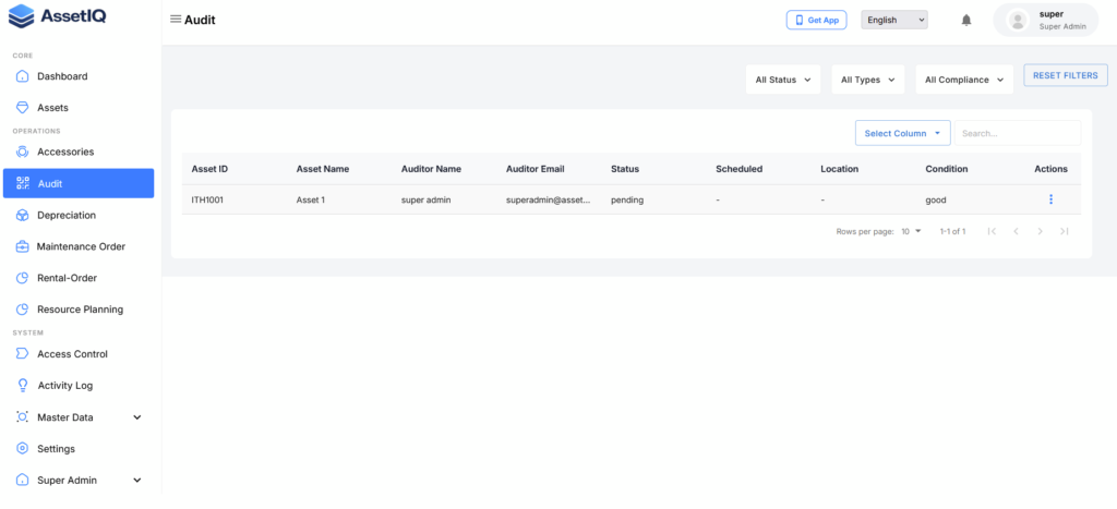 AssetIQ Asset Audits list with the create audit button